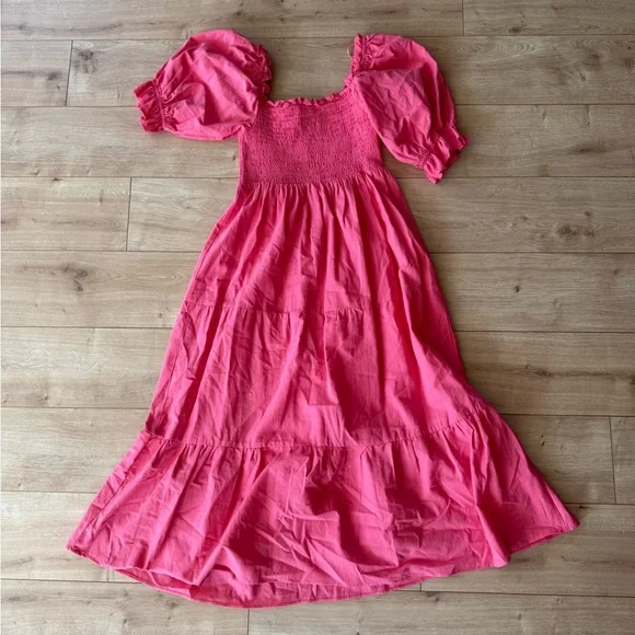 Tuckernuck Pomander Place Pink Puff Sleeve Smocked Midi Dress M Cottagecore - Picture 2 of 6